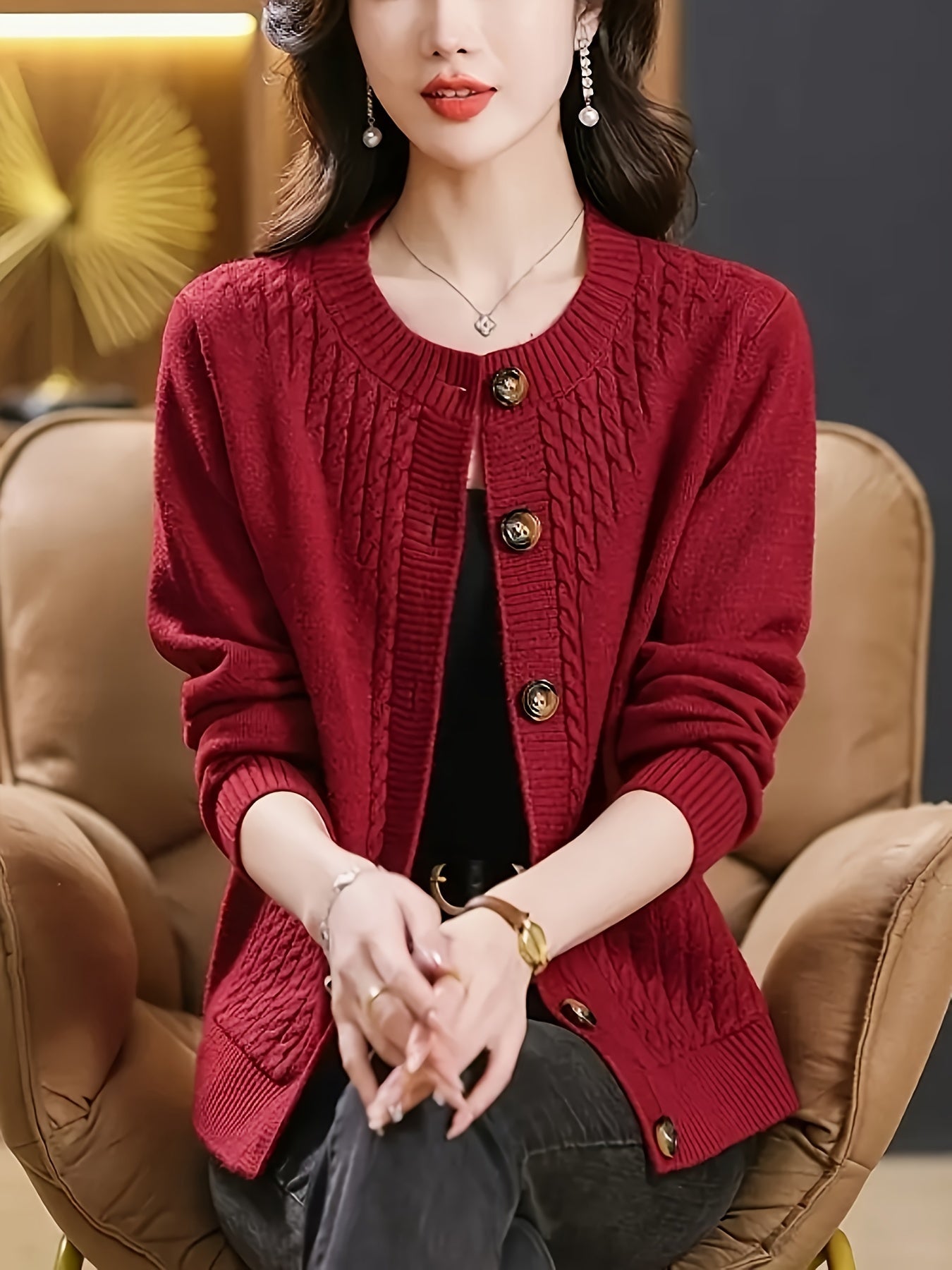 Women's Casual Long Sleeve Crew Neck Button-Up Sweater with Pockets