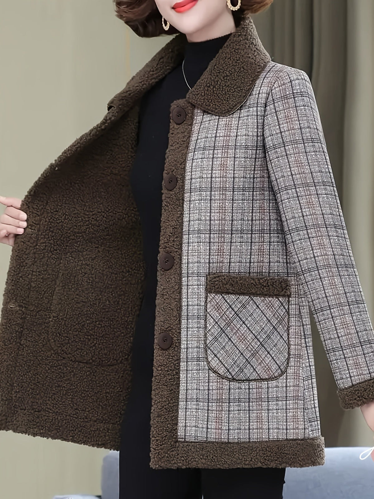 Autumn and Winter Fashion Casual Plaid Patchwork Jacket, Slim Fit Plaid Coat