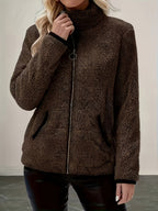 Solid Color Reversible Plush Collar Zip-Up Cardigan with Pockets