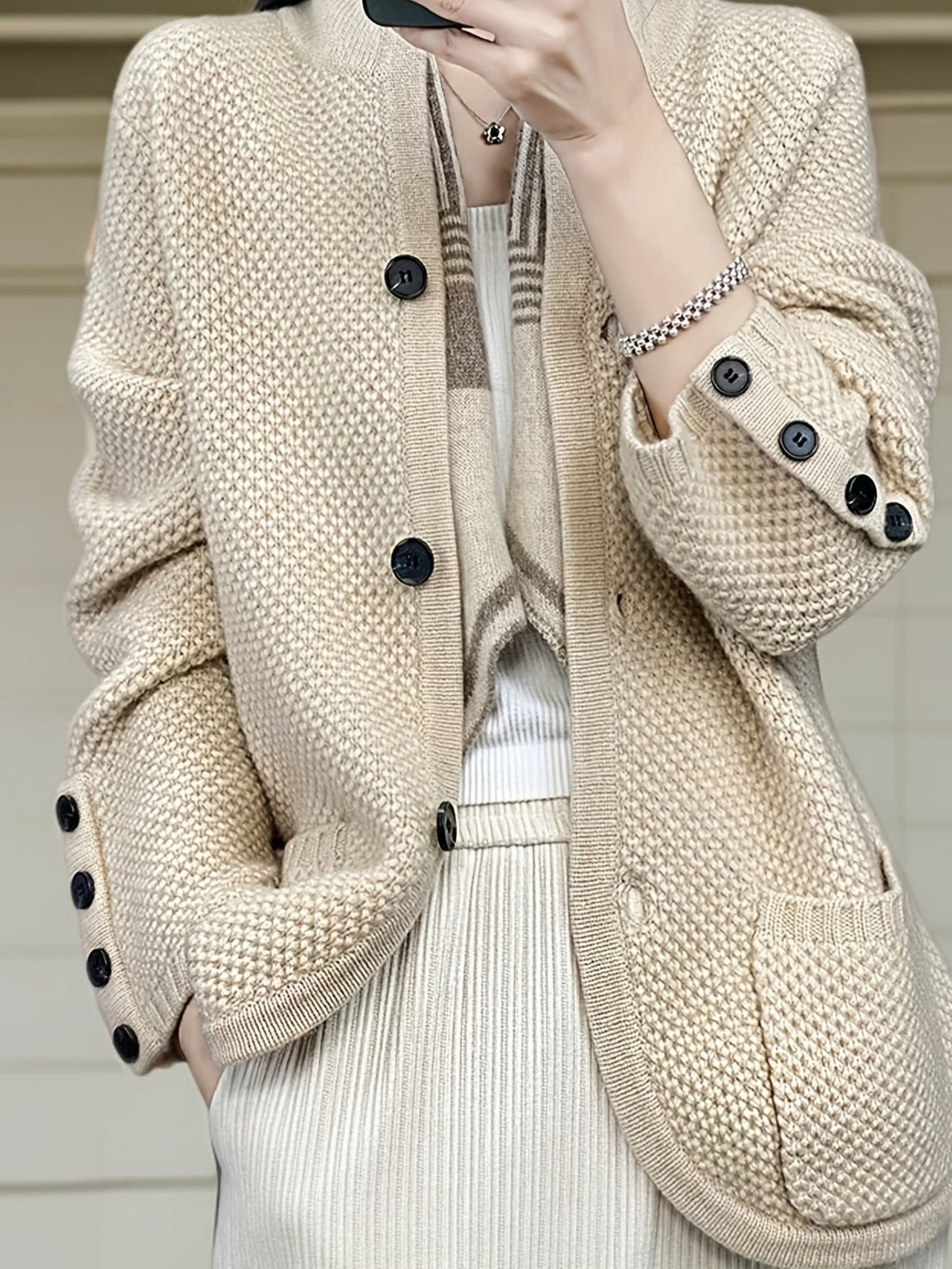 Elegant Women's High Neck Pocket Cardigan Coat
