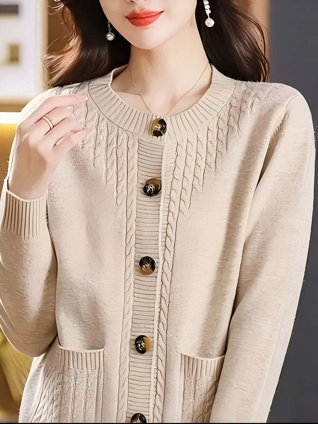 Women's Casual Long Sleeve Crew Neck Button-Up Sweater with Pockets