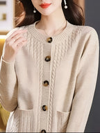 Women's Casual Long Sleeve Crew Neck Button-Up Sweater with Pockets