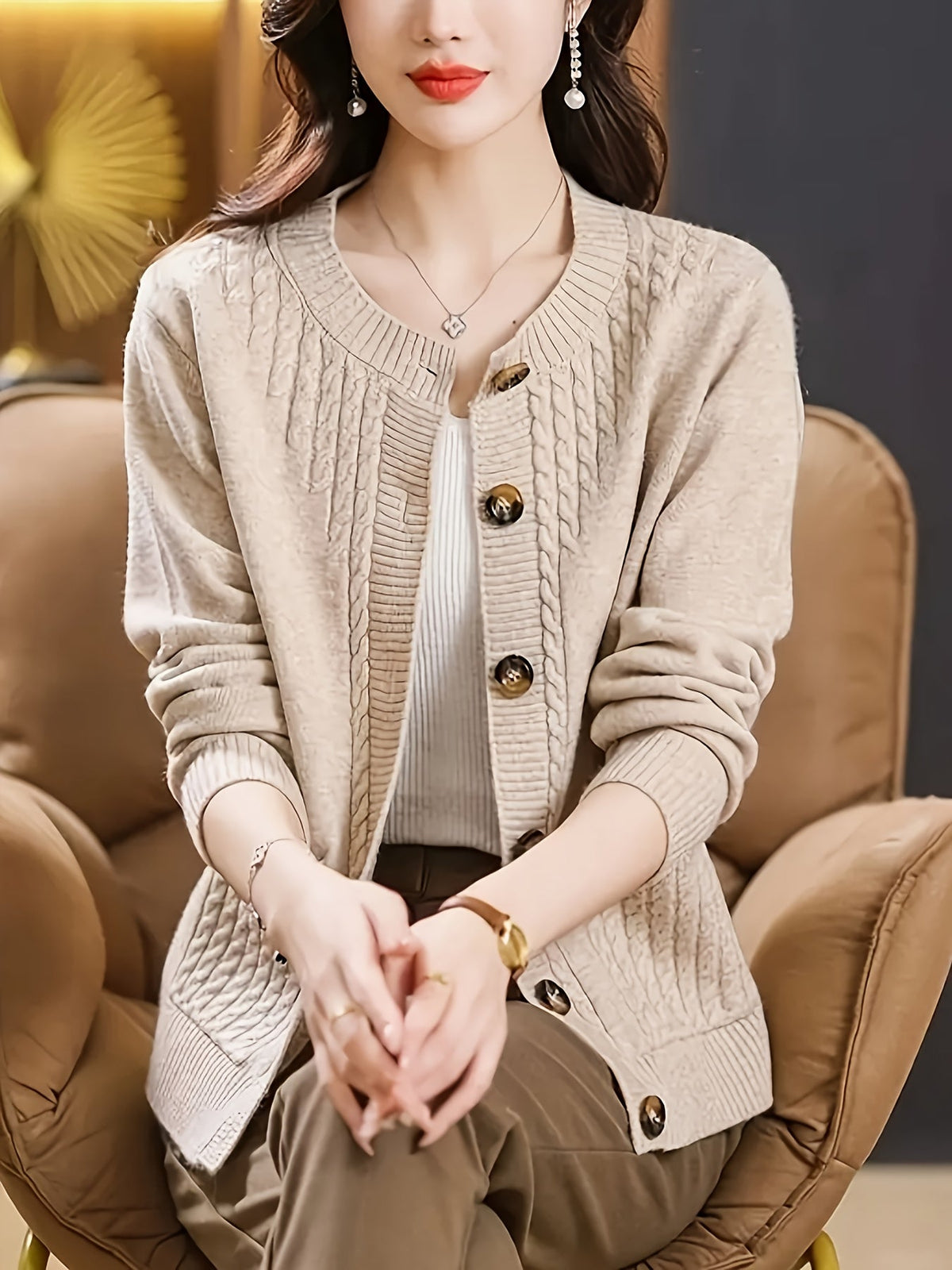 Women's Casual Long Sleeve Crew Neck Button-Up Sweater with Pockets
