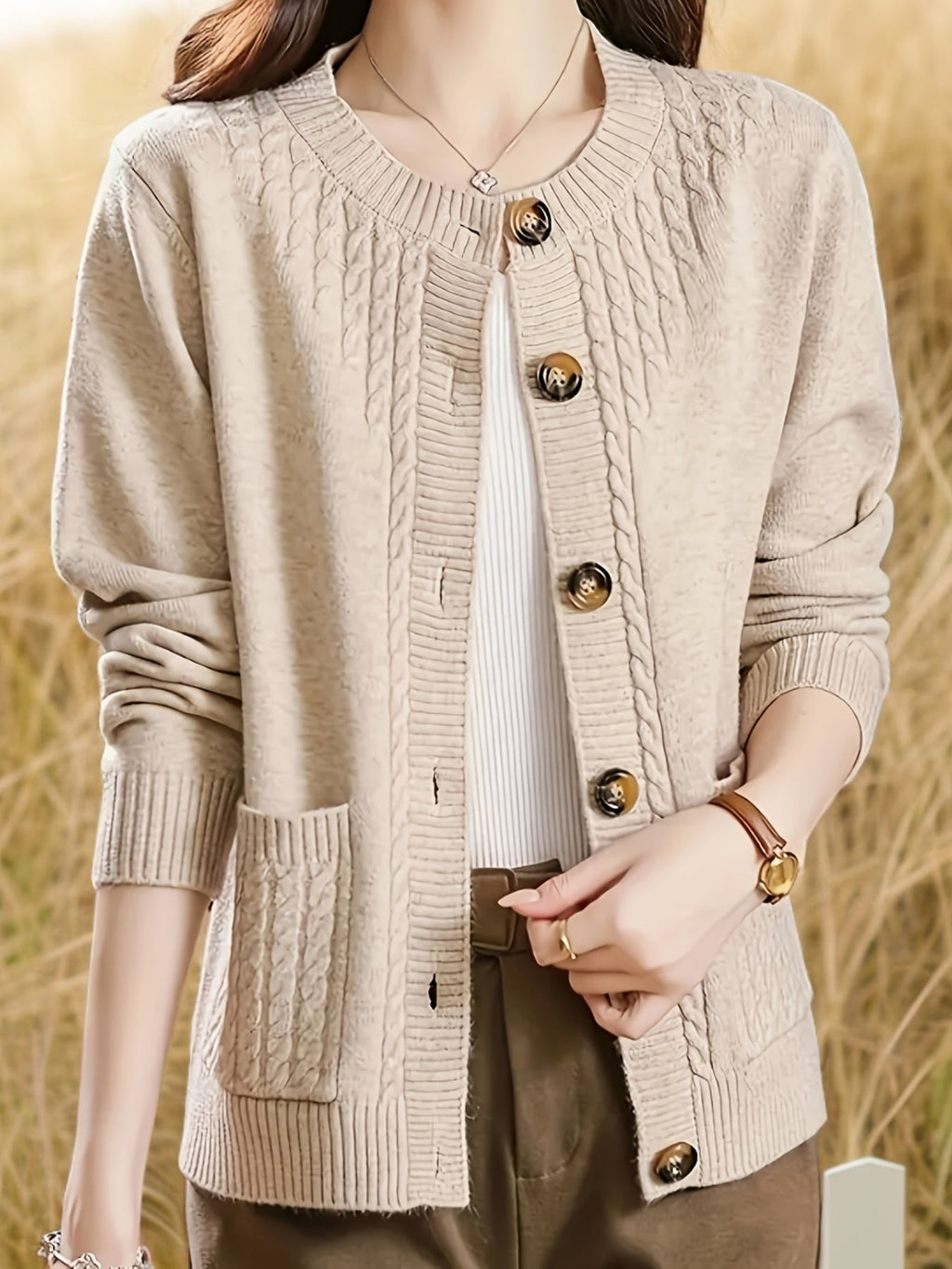 Women's Casual Long Sleeve Crew Neck Button-Up Sweater with Pockets
