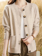 Women's Casual Long Sleeve Crew Neck Button-Up Sweater with Pockets