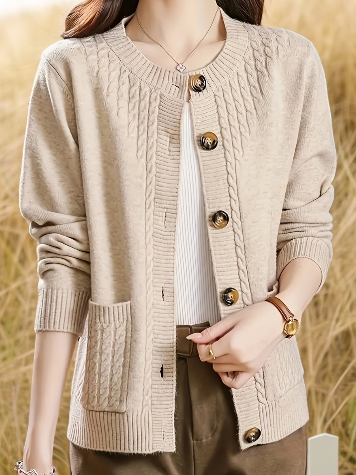 Women's Casual Long Sleeve Crew Neck Button-Up Sweater with Pockets
