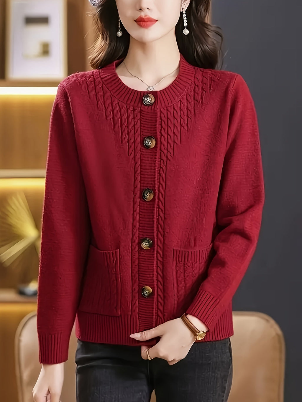 Women's Casual Long Sleeve Crew Neck Button-Up Sweater with Pockets