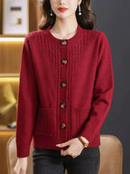 Women's Casual Long Sleeve Crew Neck Button-Up Sweater with Pockets