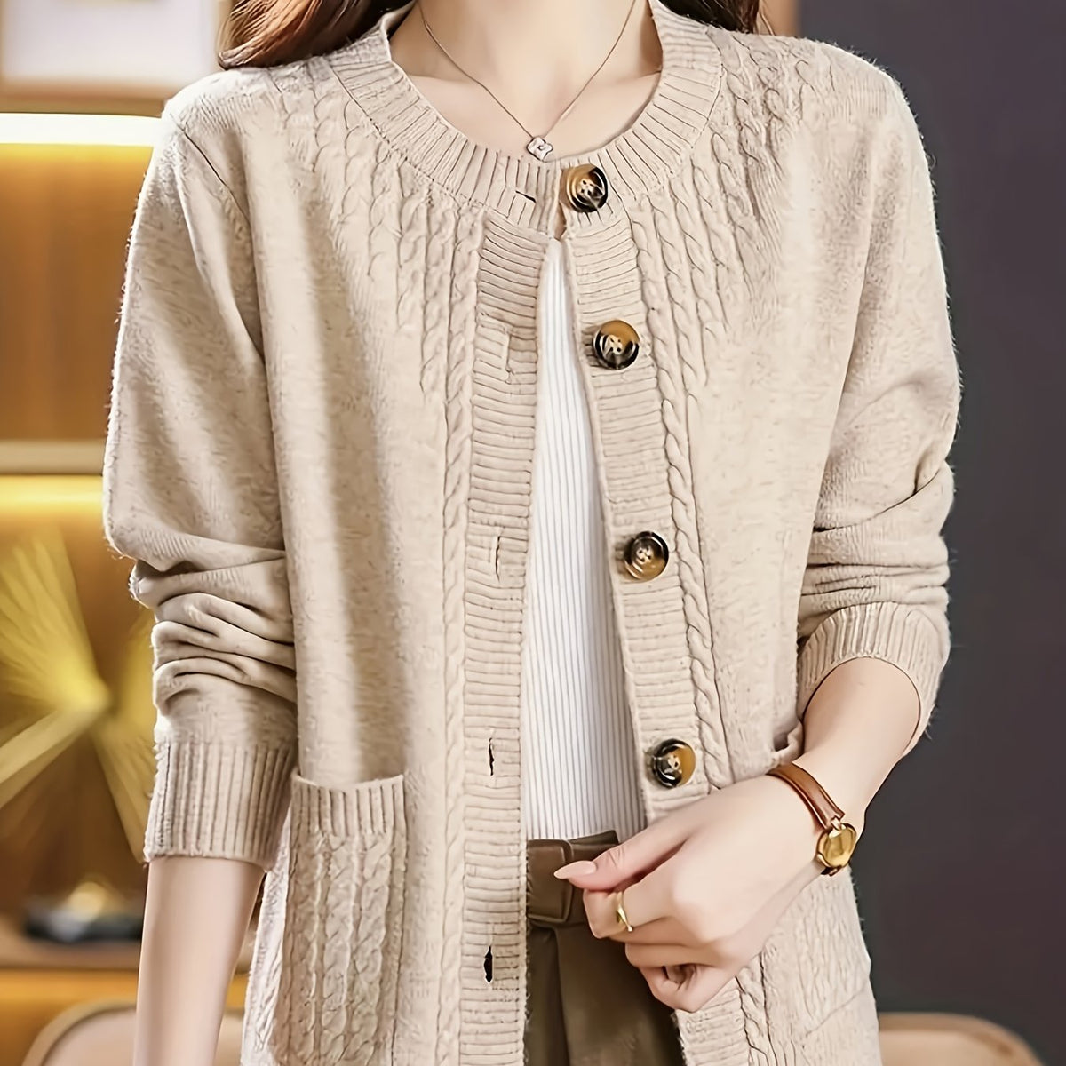 Women's Casual Long Sleeve Crew Neck Button-Up Sweater with Pockets