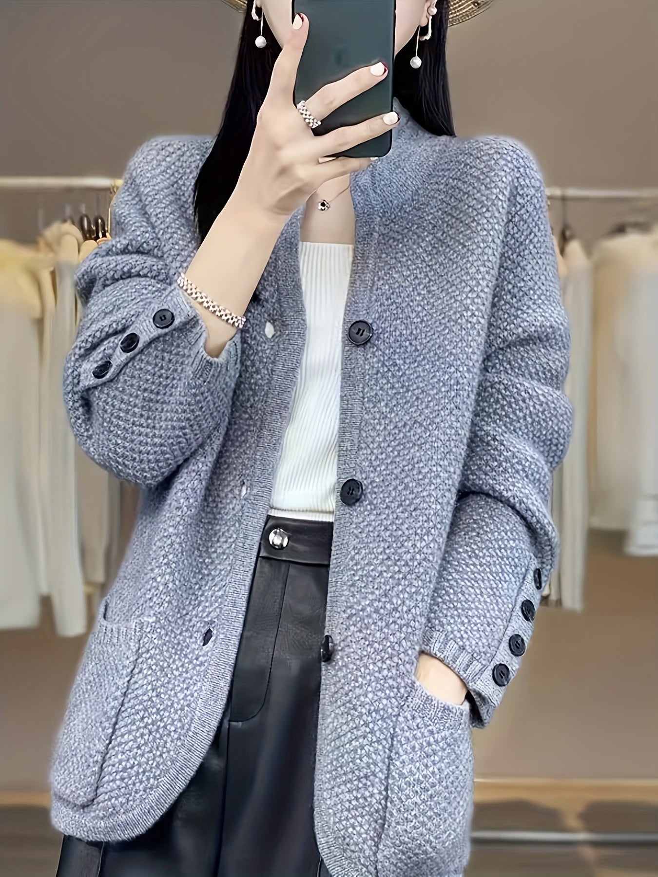 Elegant Women's High Neck Pocket Cardigan Coat