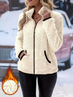 Solid Color Reversible Plush Collar Zip-Up Cardigan with Pockets
