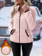 Solid Color Reversible Plush Collar Zip-Up Cardigan with Pockets