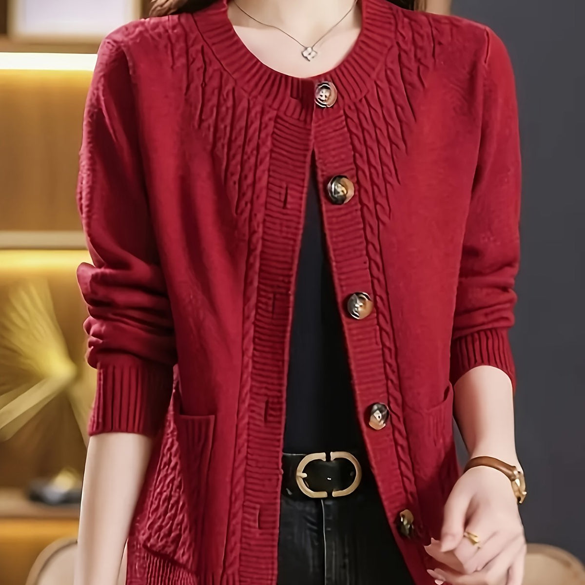 Women's Casual Long Sleeve Crew Neck Button-Up Sweater with Pockets