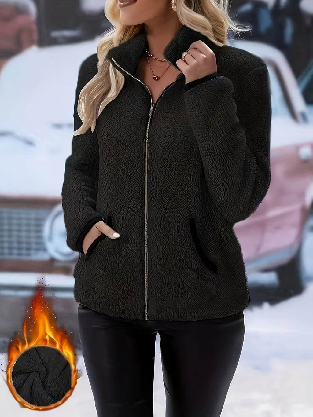 Solid Color Reversible Plush Collar Zip-Up Cardigan with Pockets