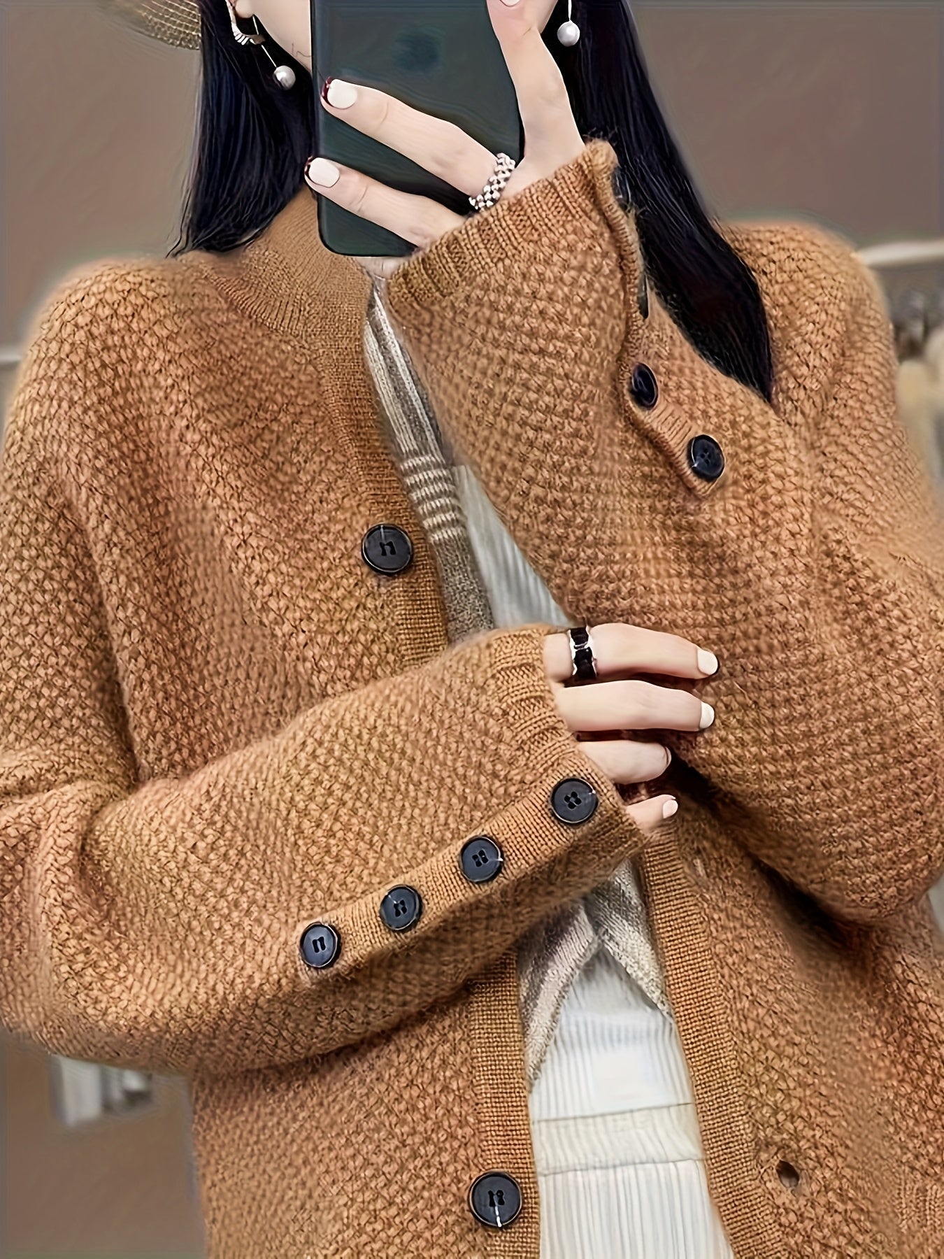 Elegant Women's High Neck Pocket Cardigan Coat