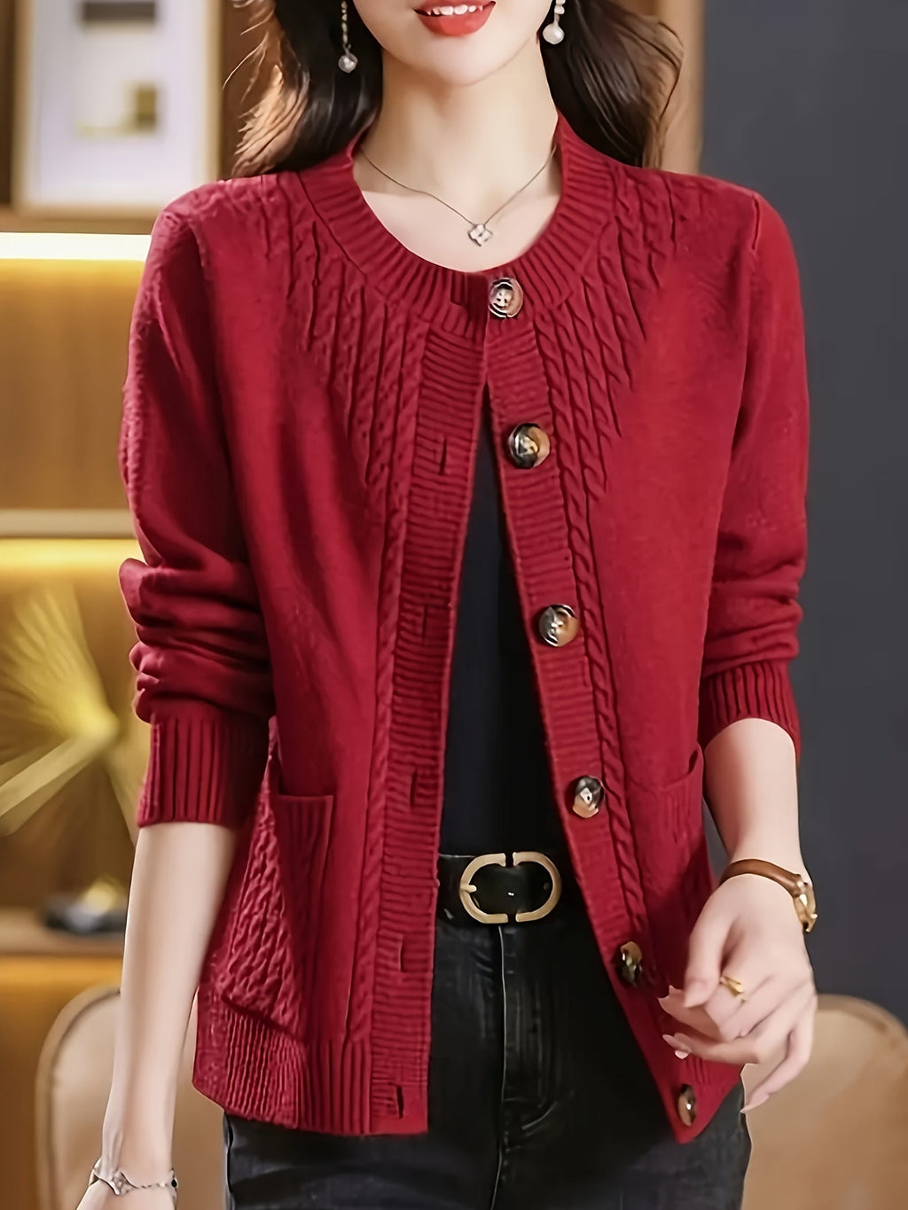 Women's Casual Long Sleeve Crew Neck Button-Up Sweater with Pockets