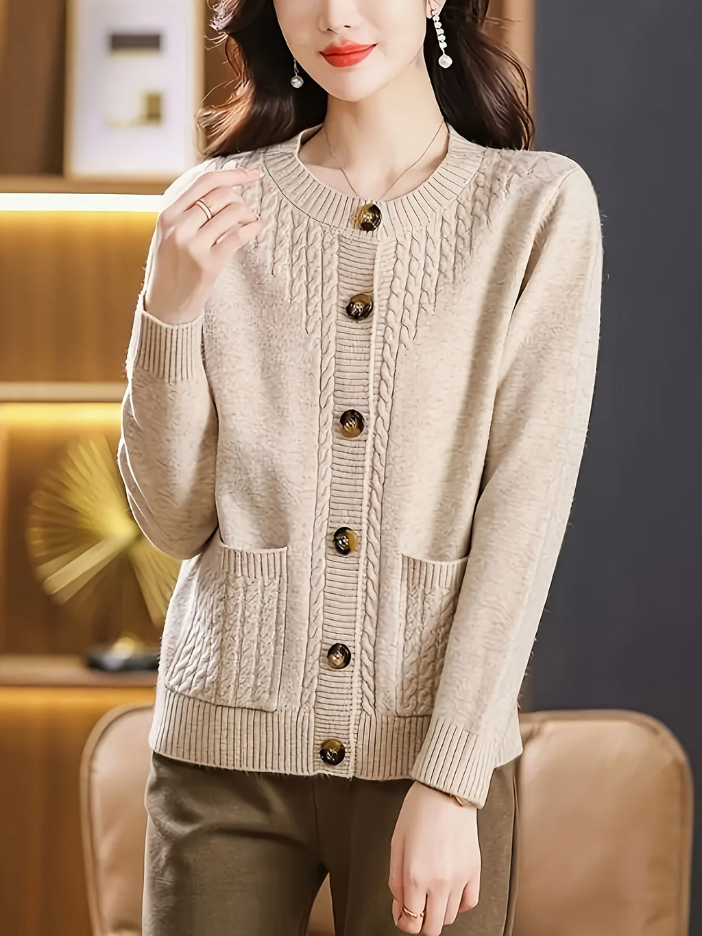 Women's Casual Long Sleeve Crew Neck Button-Up Sweater with Pockets
