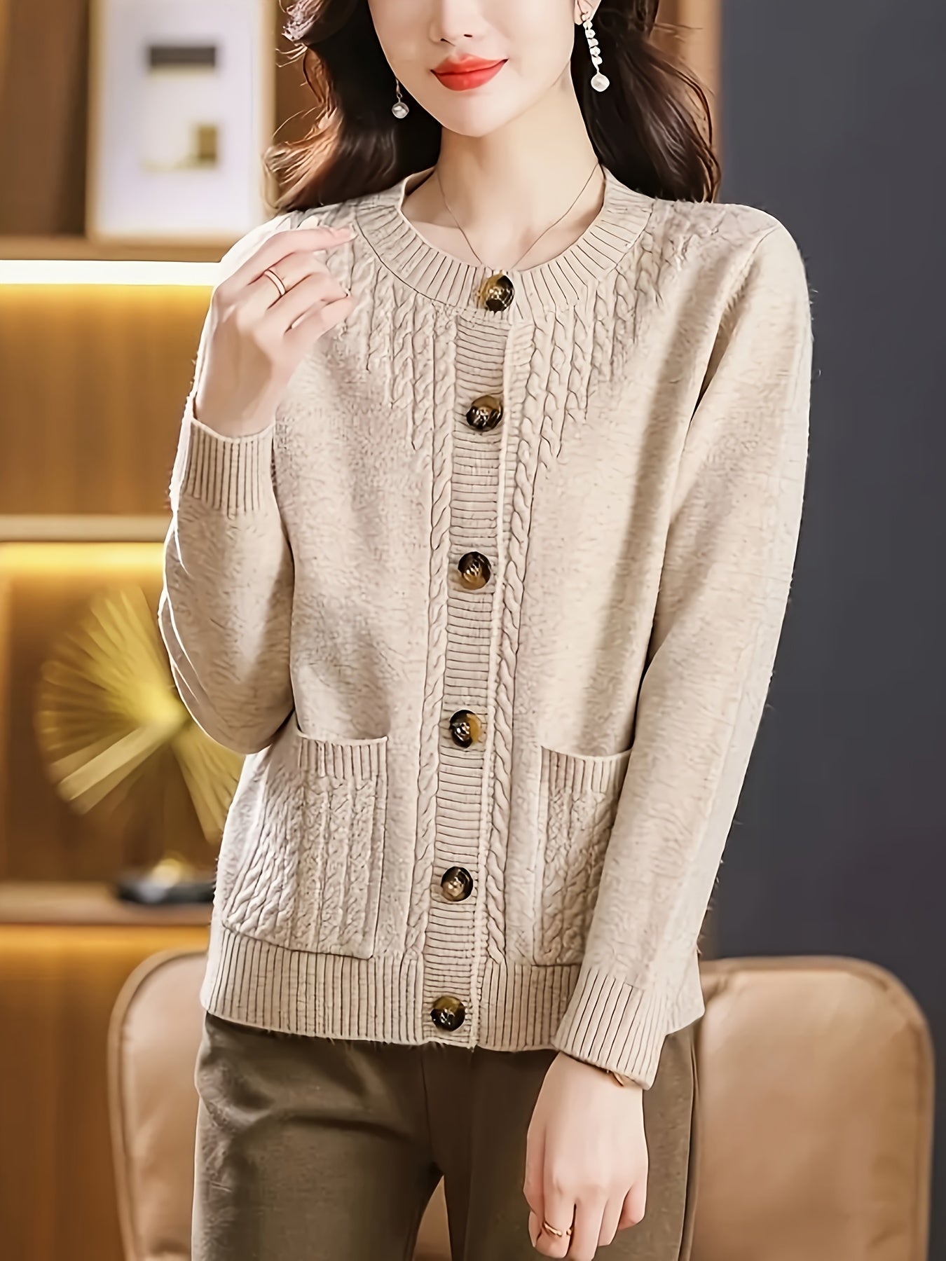Women's Casual Long Sleeve Crew Neck Button-Up Sweater with Pockets