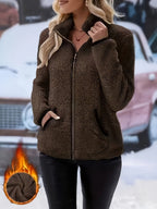 Solid Color Reversible Plush Collar Zip-Up Cardigan with Pockets
