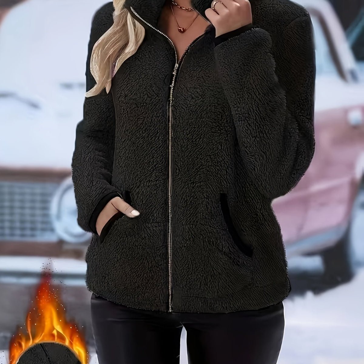 Solid Color Reversible Plush Collar Zip-Up Cardigan with Pockets