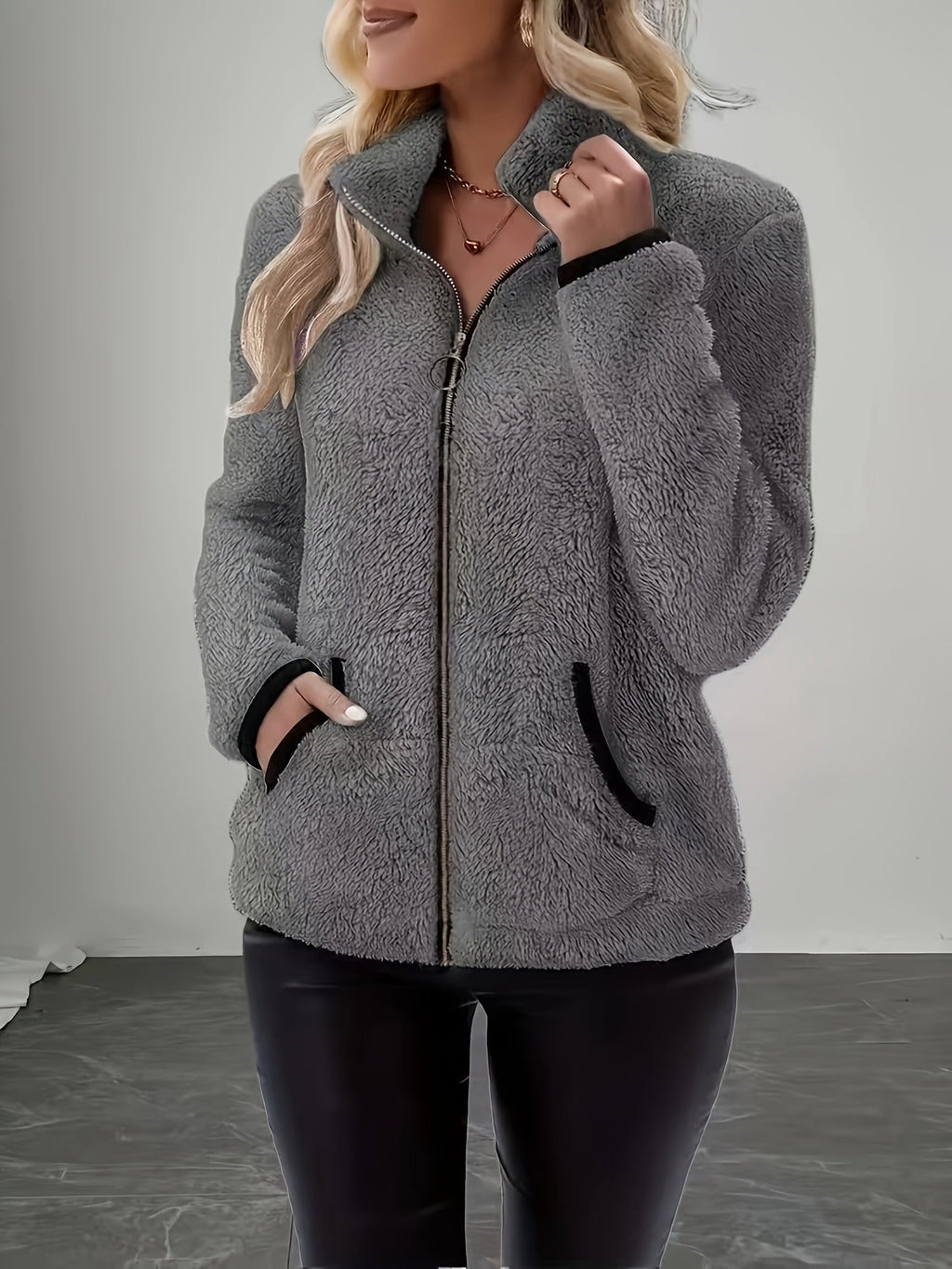 Solid Color Reversible Plush Collar Zip-Up Cardigan with Pockets