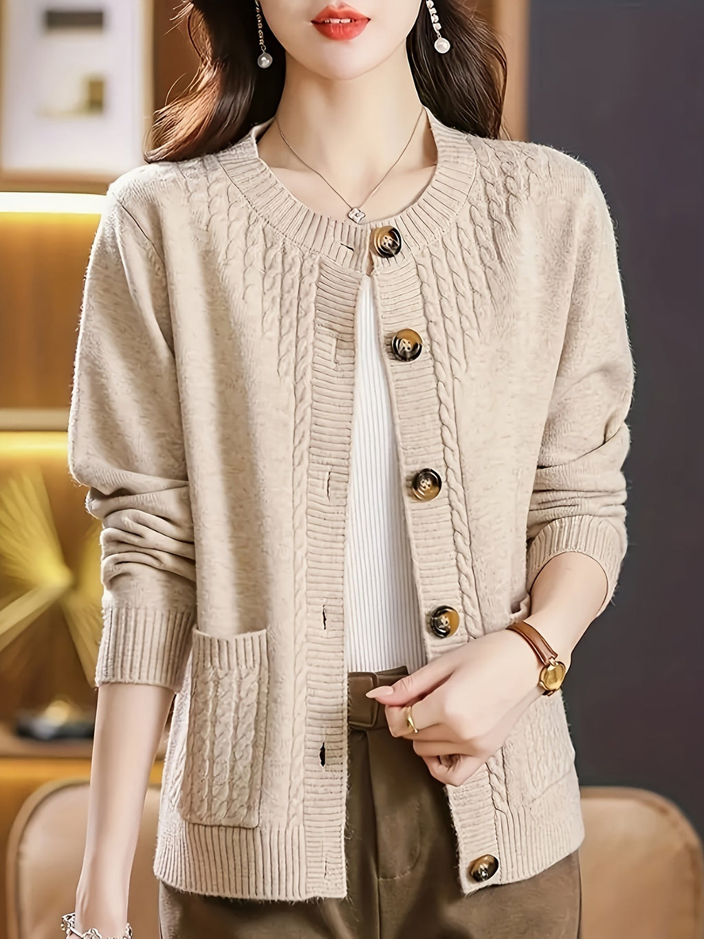 Women's Casual Long Sleeve Crew Neck Button-Up Sweater with Pockets