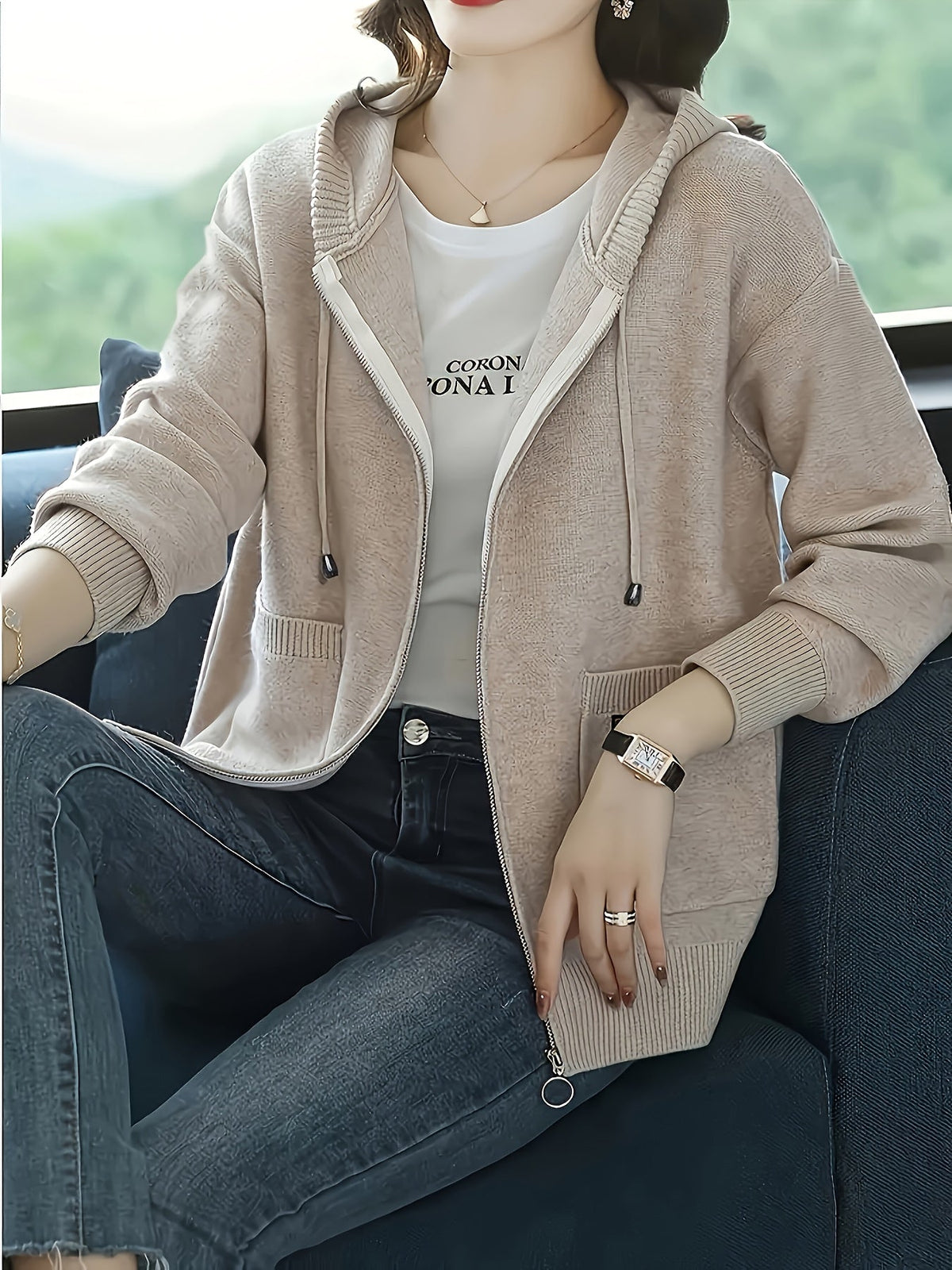 Women's Casual Long Sleeve Knit Hoodie for Fall & Winter