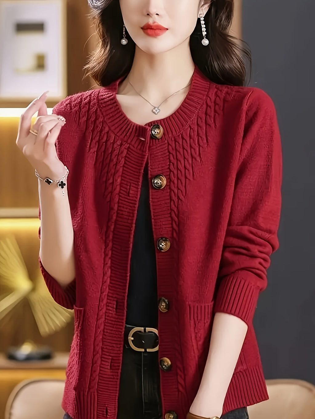 Women's Casual Long Sleeve Crew Neck Button-Up Sweater with Pockets