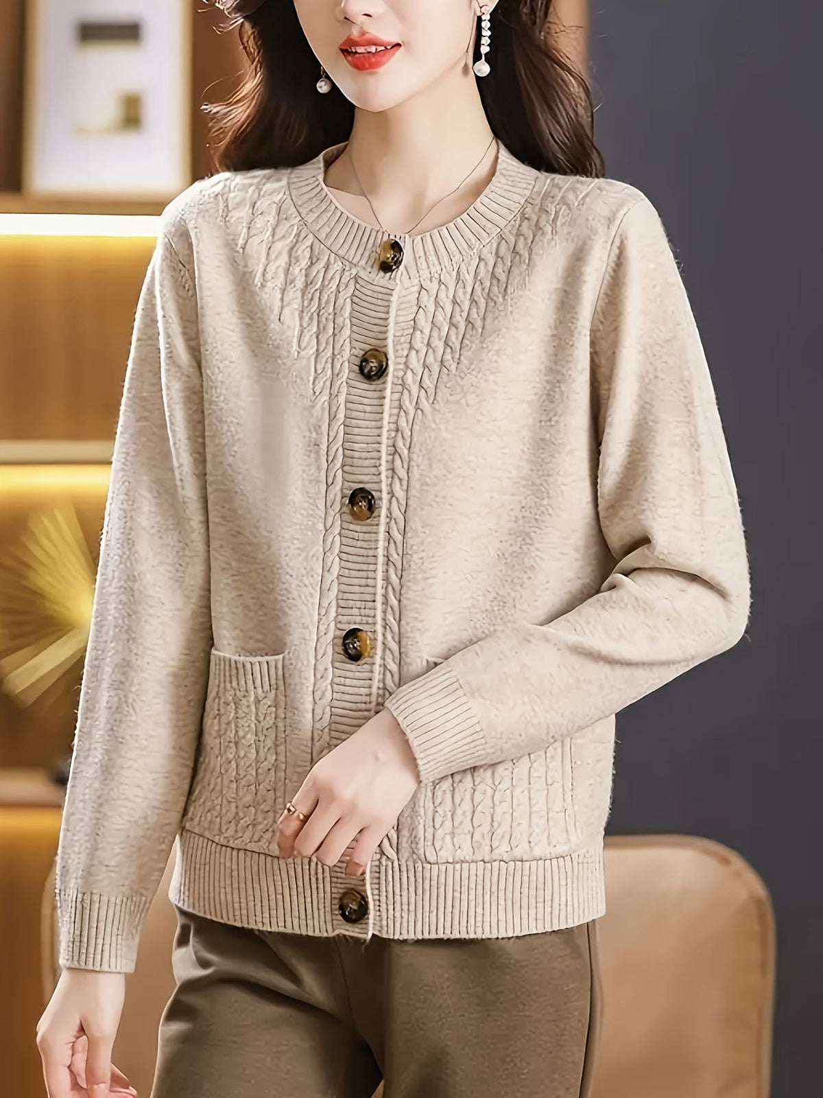 Women's Casual Long Sleeve Crew Neck Button-Up Sweater with Pockets