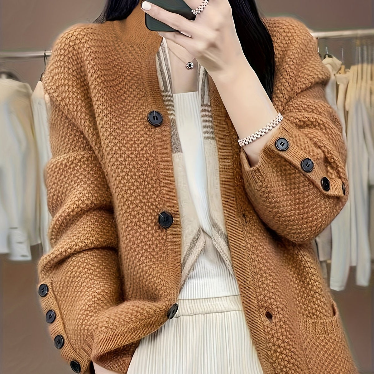 Elegant Women's High Neck Pocket Cardigan Coat
