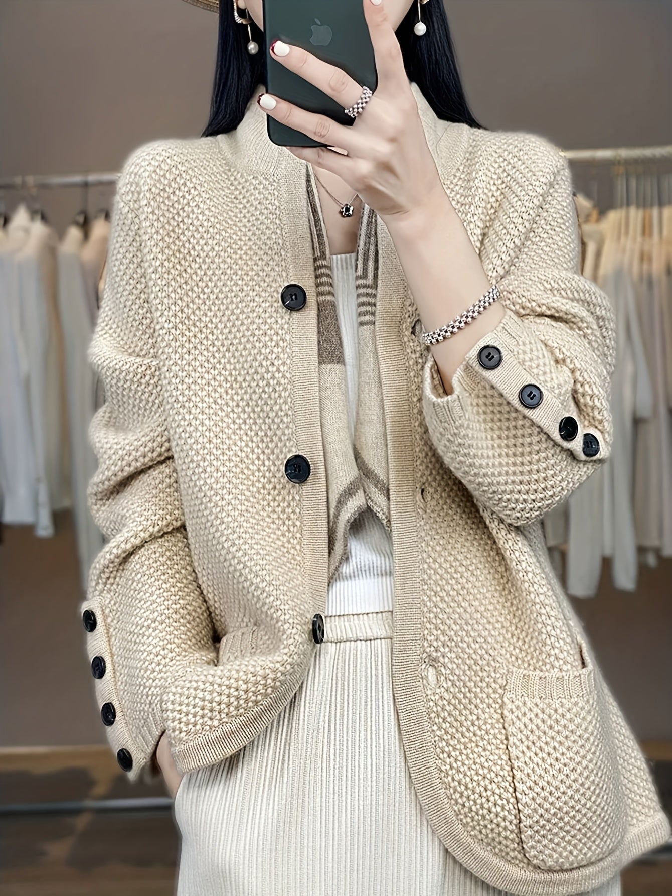 Elegant Women's High Neck Pocket Cardigan Coat