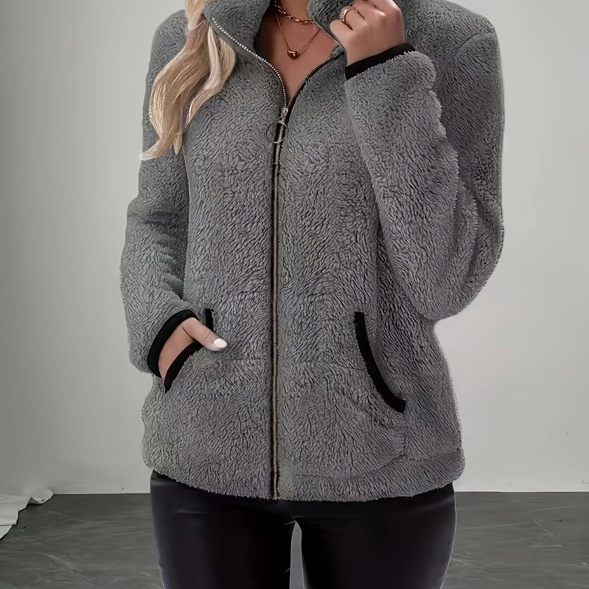 Solid Color Reversible Plush Collar Zip-Up Cardigan with Pockets